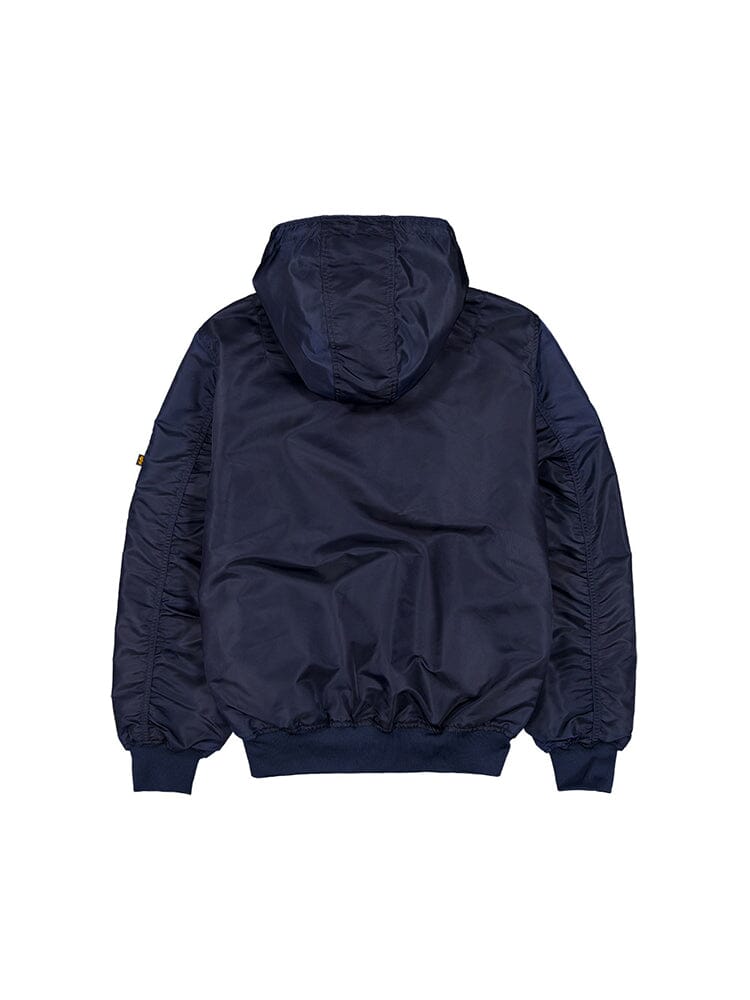 The New York Yankees x Alpha Industries x New Era L-2B Bomber Jacket (Replica Blue) features ruched sleeves and elastic cuffs, showcased from the back.