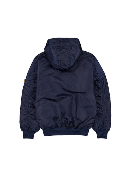 The New York Yankees x Alpha Industries x New Era L-2B Bomber Jacket (Replica Blue) features ruched sleeves and elastic cuffs, showcased from the back.
