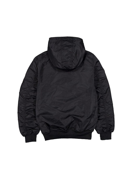 Introducing the New York Yankees X Alpha X New Era L-2B Bomber Jacket (Black) by Alpha Industries, featuring a sleek design with long sleeves and ribbed cuffs, presented from the back. This jacket is perfect for New York Yankees fans looking to merge sporty style with iconic fashion.