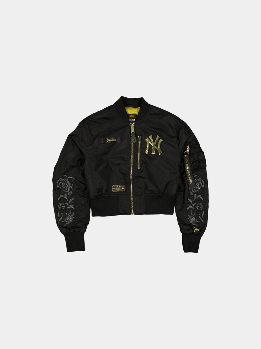 NEW YORK YANKEES X ALPHA X NEW ERA L-2B CROPPED BOMBER JACKET WOMENS OUTERWEAR Alpha Industries BLACK/GOLD XS 