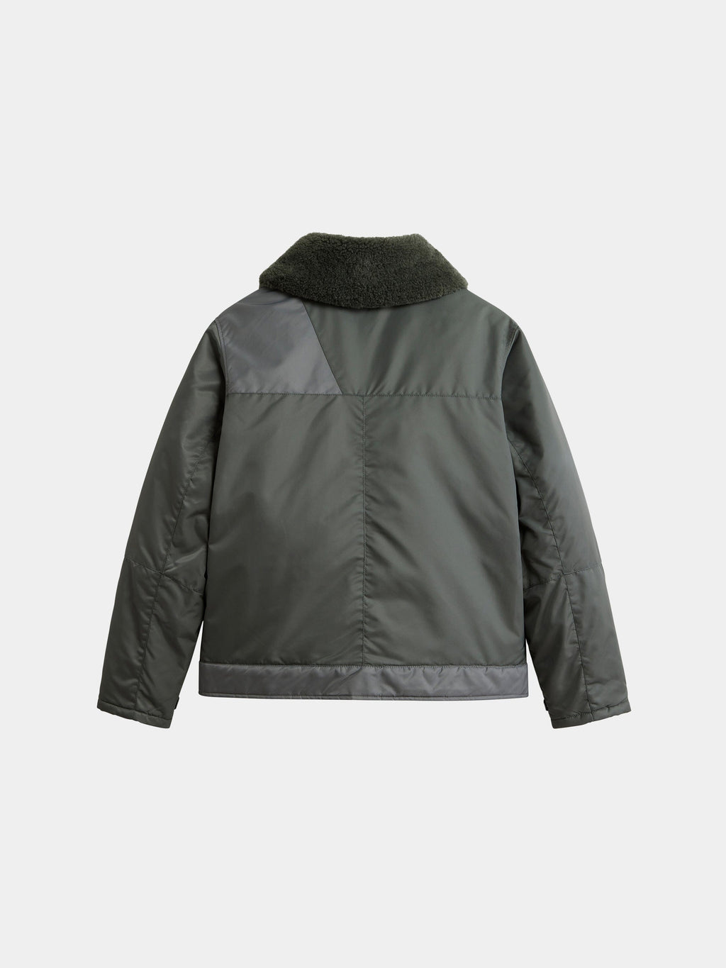 Alpha Industries Nylon Aviator Jacket in dark green nylon with shearling collar and panel details.