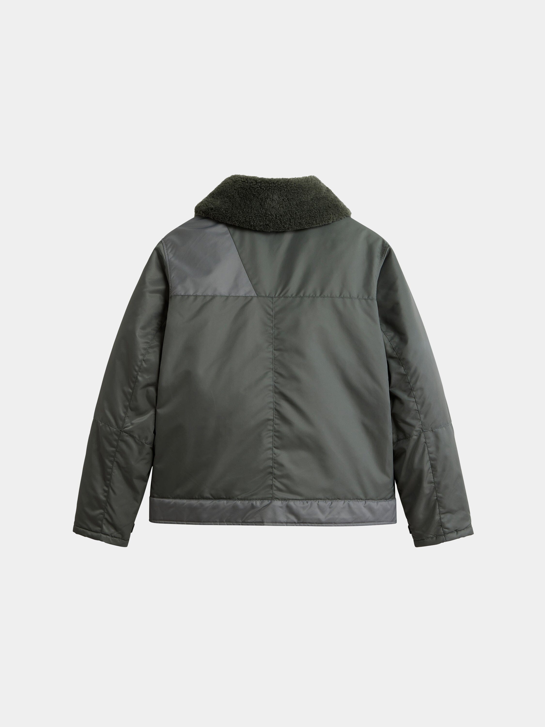 Alpha Industries Nylon Aviator Jacket in dark green nylon with shearling collar and panel details.
