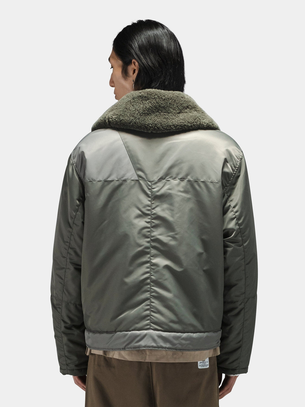 Alpha Industries Nylon Aviator Jacket in sage green with large textured collar.