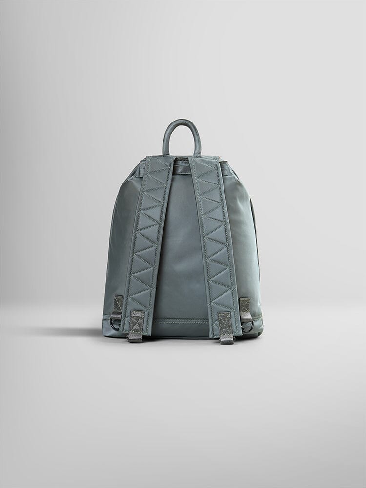 Alpha Industries Nylon Backpack in light gray with two padded shoulder straps, top carrying handle, and interior laptop sleeve.