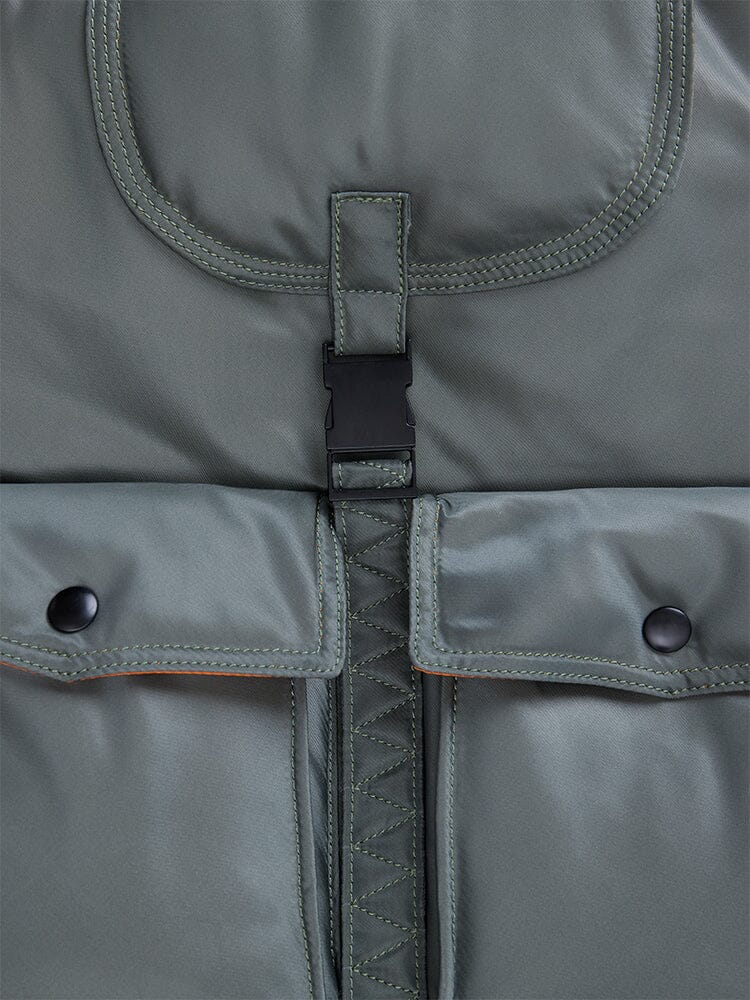 MA-1 Padded Jacket by Alpha Industries, Green, Plastic Buckle, Snap Buttons, Front Stitching.