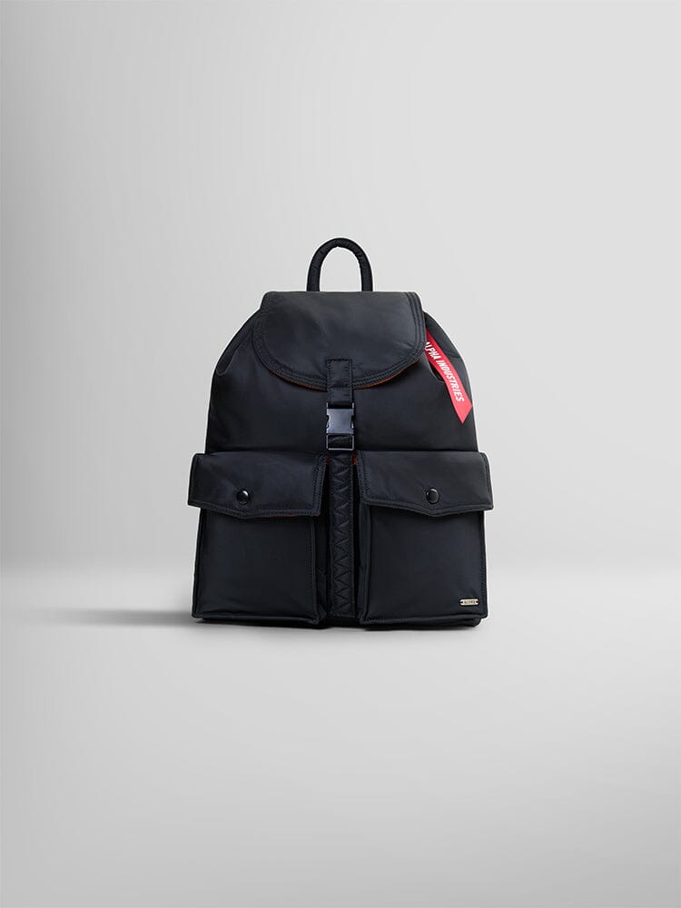 Alpha Industries Nylon Backpack, black, top handle, front buckle closure, two front pockets, red tag, interior laptop sleeve.