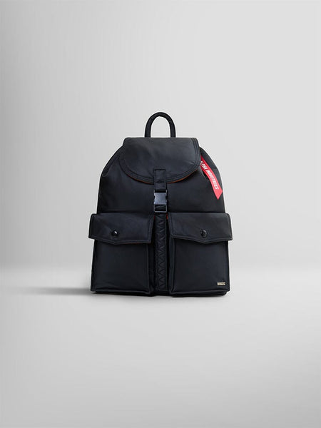 Alpha Industries Nylon Backpack, black, top handle, front buckle closure, two front pockets, red tag, interior laptop sleeve.