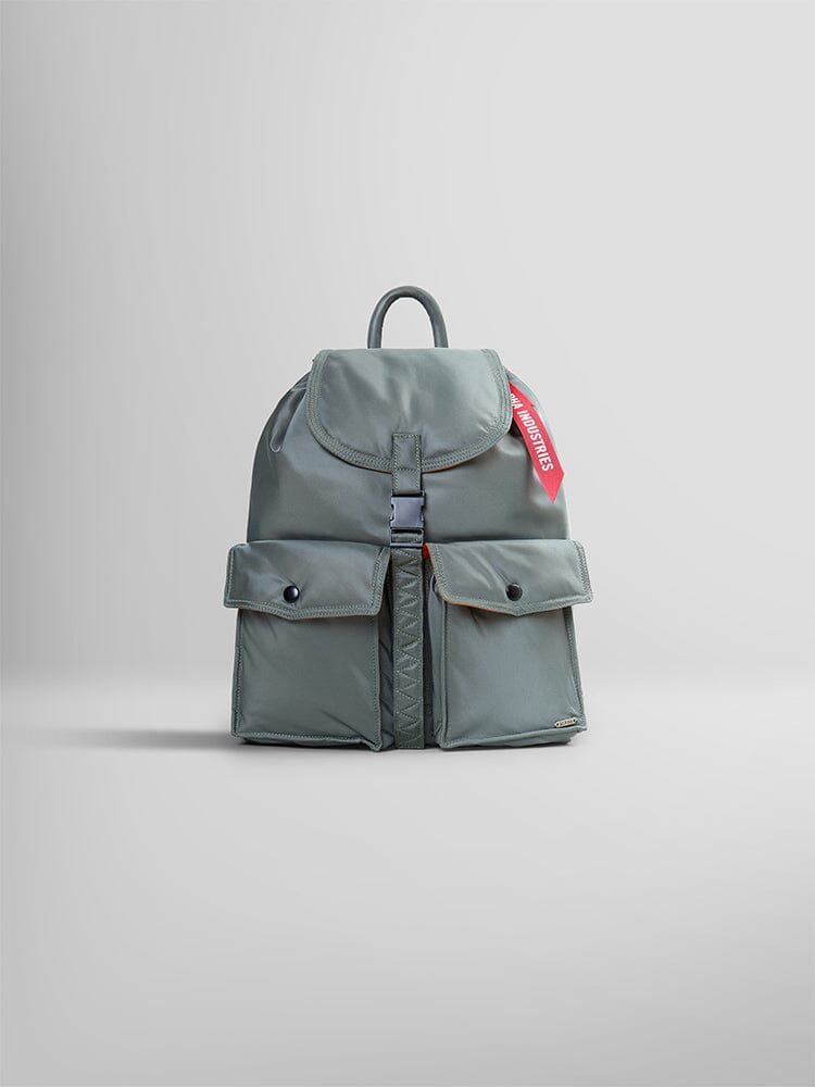Alpha Industries Nylon Backpack Field Gray MA-1 with two front pockets, top flap, red Remove Before Flight tag on buckle strap, and dedicated laptop sleeve.