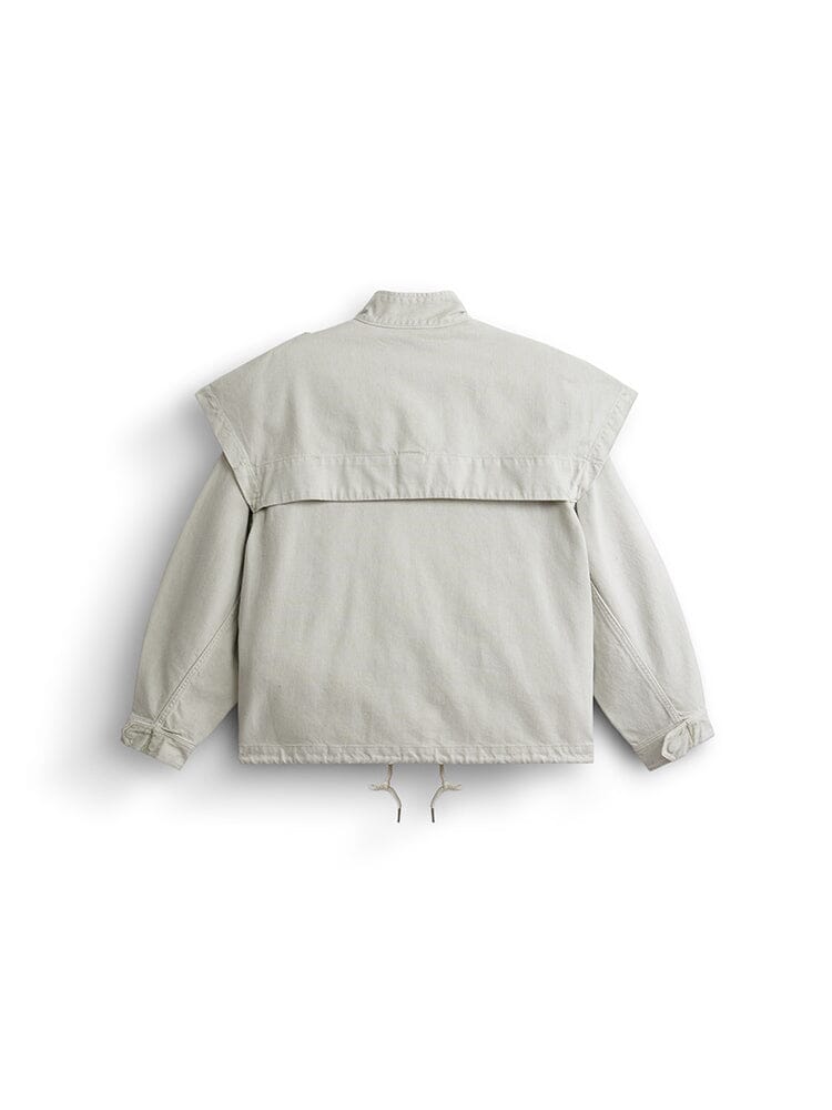 Alpha Industries Oversized CTN Utility Jacket W, light gray cotton canvas with cape-style flap, long sleeves, and hem drawstrings.