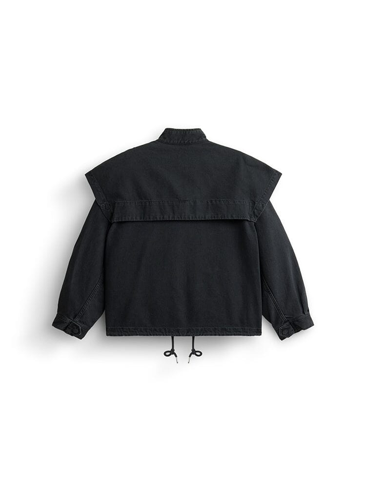 Alpha Industries Oversized Ctn Utility Jacket W in dark green cotton canvas with high collar, adjustable waist drawstrings, cargo pockets, and buttoned cuffs.