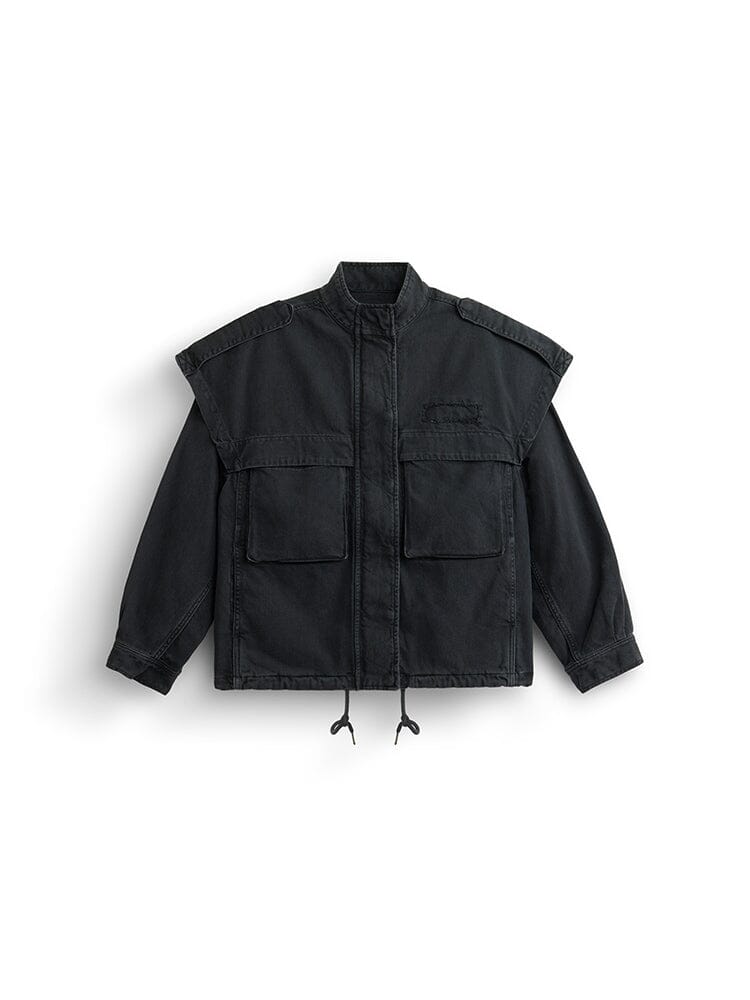 Alpha Industries Oversized Ctn Utility Jacket W, charcoal cotton canvas, oversized fit, high collar, front zipper, two cargo pockets, drawstring hem.