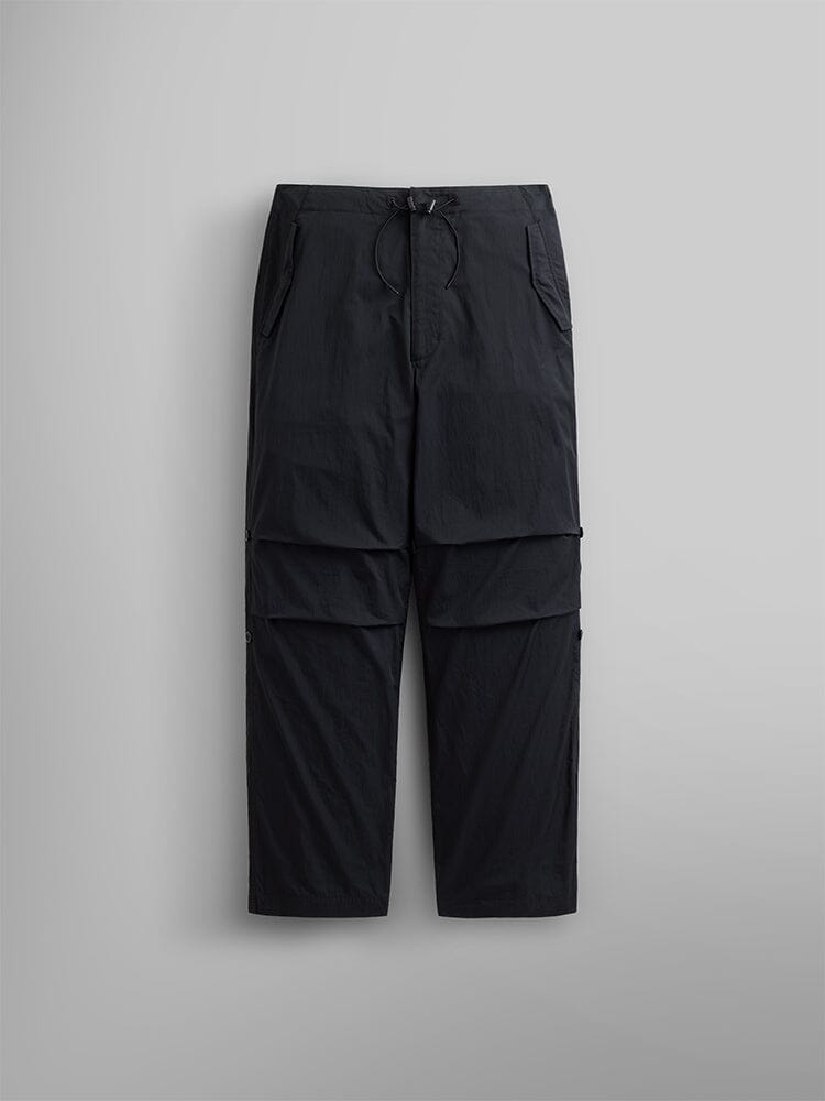 Alpha Industries Lightweight Parachute Pant, Black, nylon/cotton blend, relaxed fit, drawstring waist, flap thigh panels.
