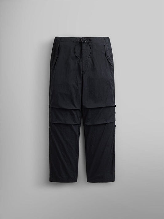 Alpha Industries Lightweight Parachute Pant, Black, nylon/cotton blend, relaxed fit, drawstring waist, flap thigh panels.