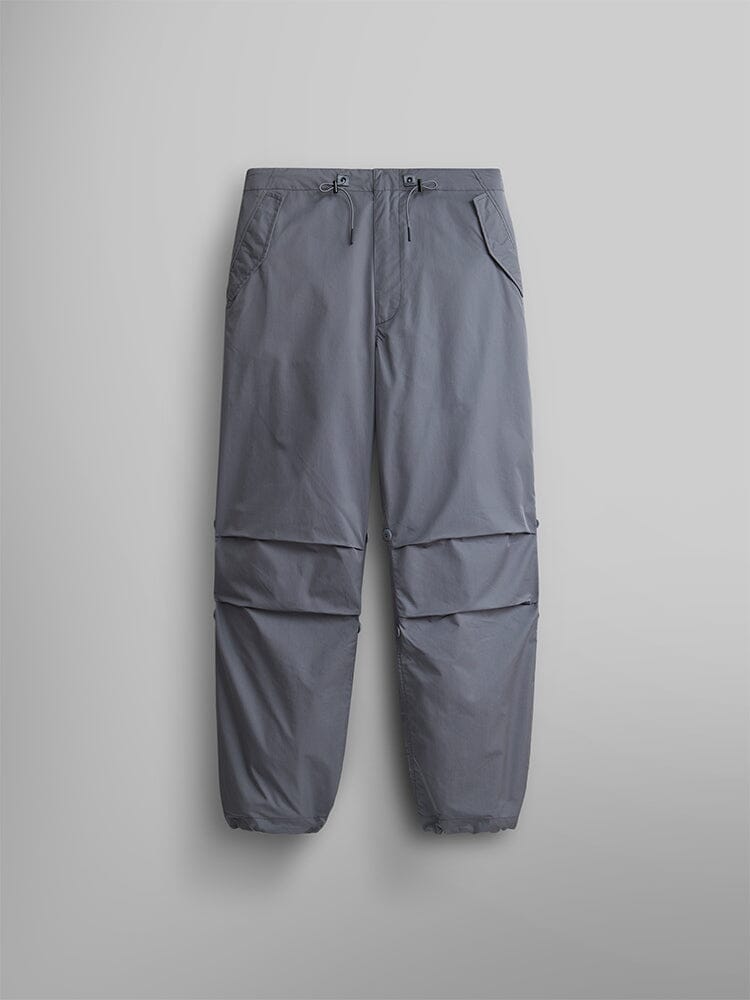 Alpha Industries Lightweight Parachute Pant, Aircraft Gray, elastic drawstring waist, zippered side pockets, articulated knees, elastic cuffs.