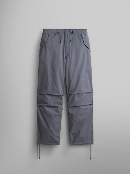Alpha Industries Lightweight Parachute Pant Aircraft Gray nylon cotton front pockets adjustable waistband articulated knees ankle drawstrings.