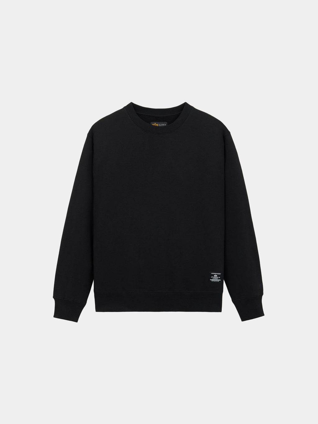 Alpha Industries Patched Crewneck, black cotton-poly blend, crewneck, long sleeves, ribbed cuffs, small white tag near hem.