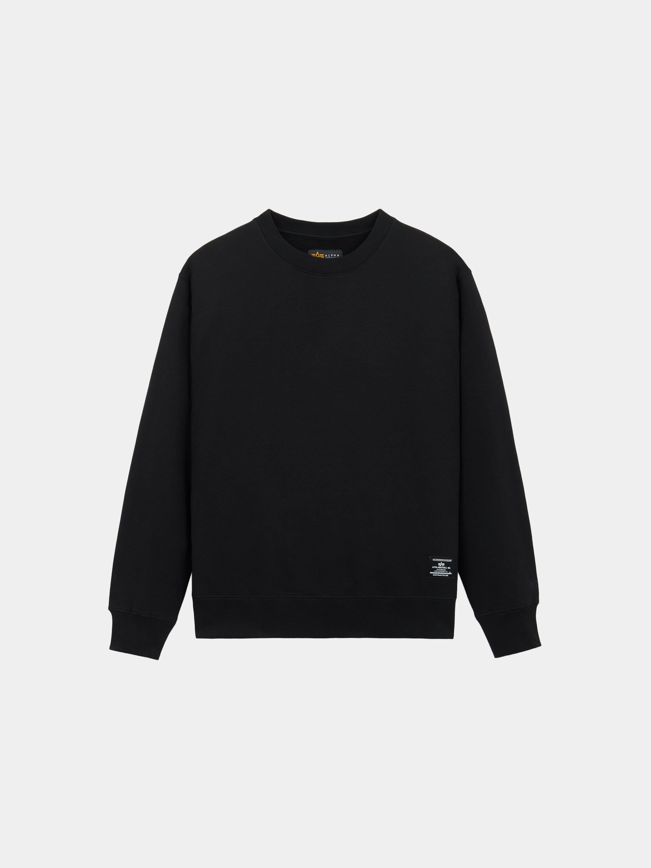 Alpha Industries Patched Crewneck, black cotton-poly blend, crewneck, long sleeves, ribbed cuffs, small white tag near hem.