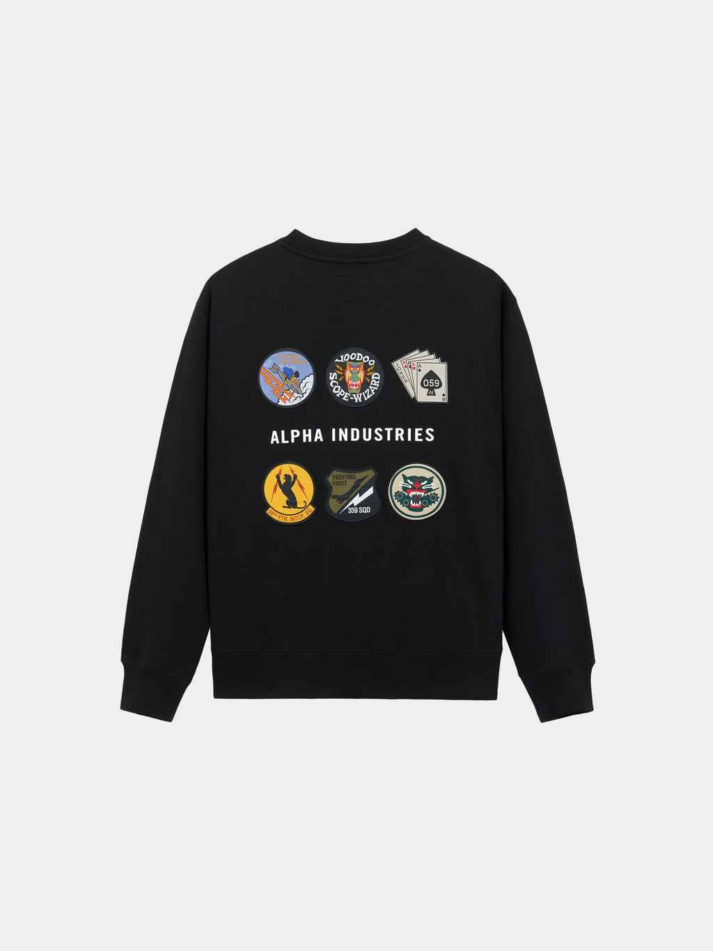 Patched Crewneck by Alpha Industries in Black, cotton-poly sweatshirt with graphic patches and Alpha Industries branding on back.