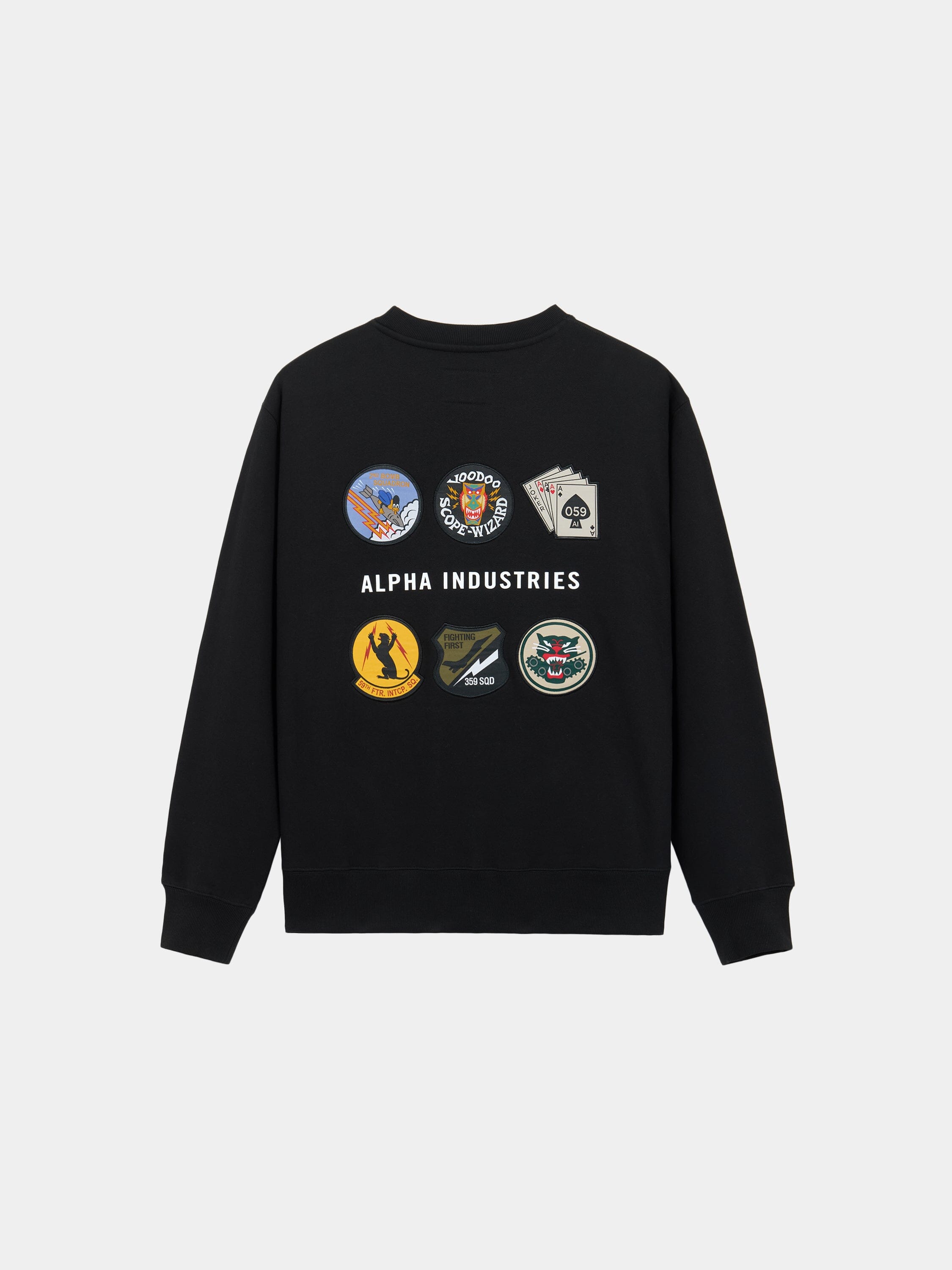 Patched Crewneck by Alpha Industries in Black, cotton-poly sweatshirt with graphic patches and Alpha Industries branding on back.