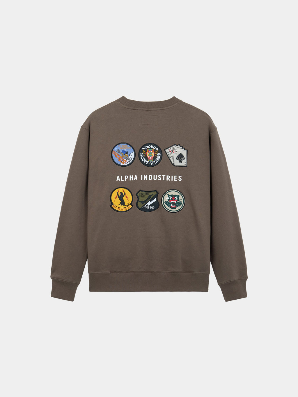 Alpha Industries Patched Crewneck in Espresso, soft cotton-poly blend, colorful embroidered patches, Alpha Industries text on back.