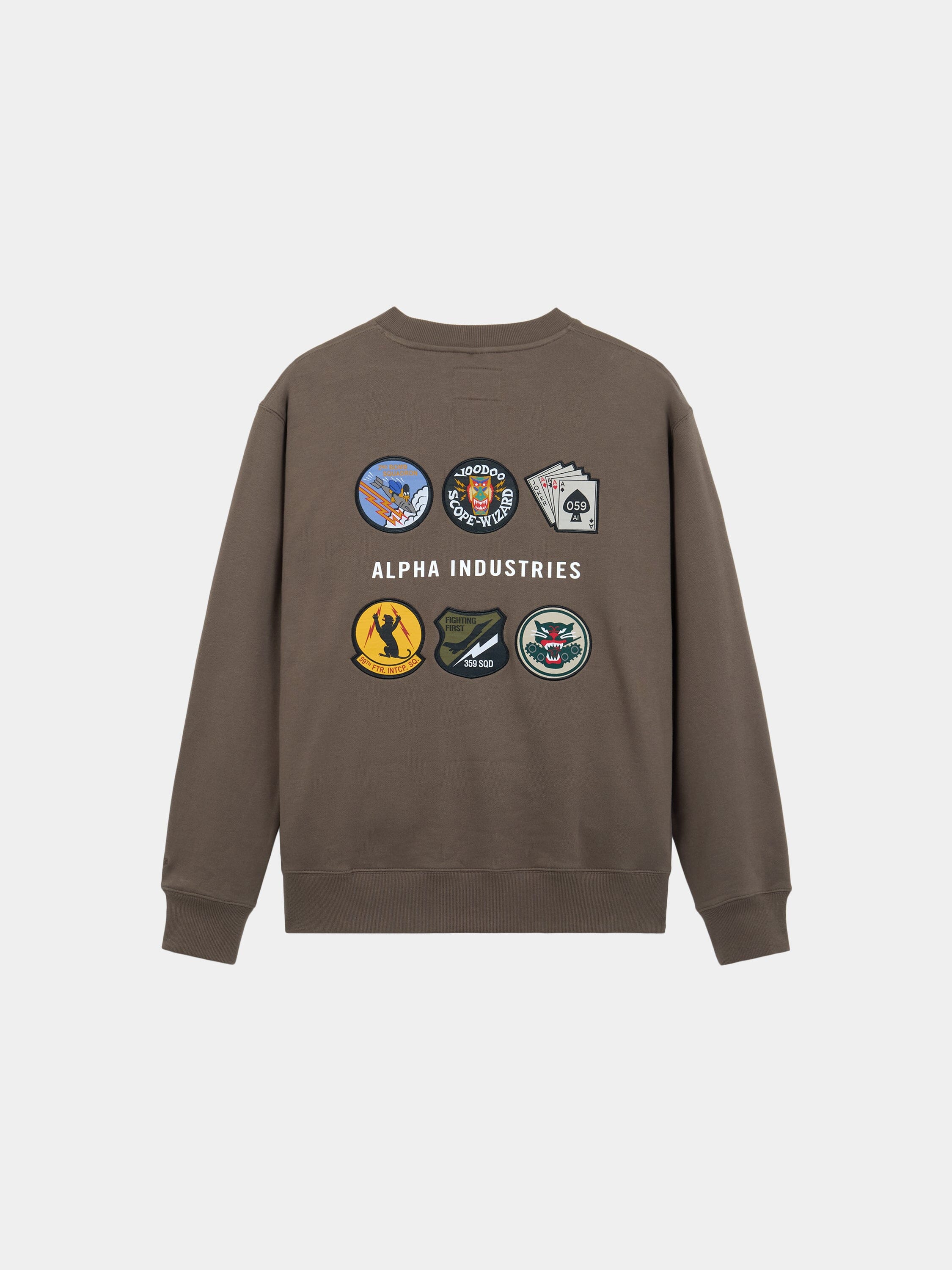 Alpha Industries Patched Crewneck in Espresso, soft cotton-poly blend, colorful embroidered patches, Alpha Industries text on back.