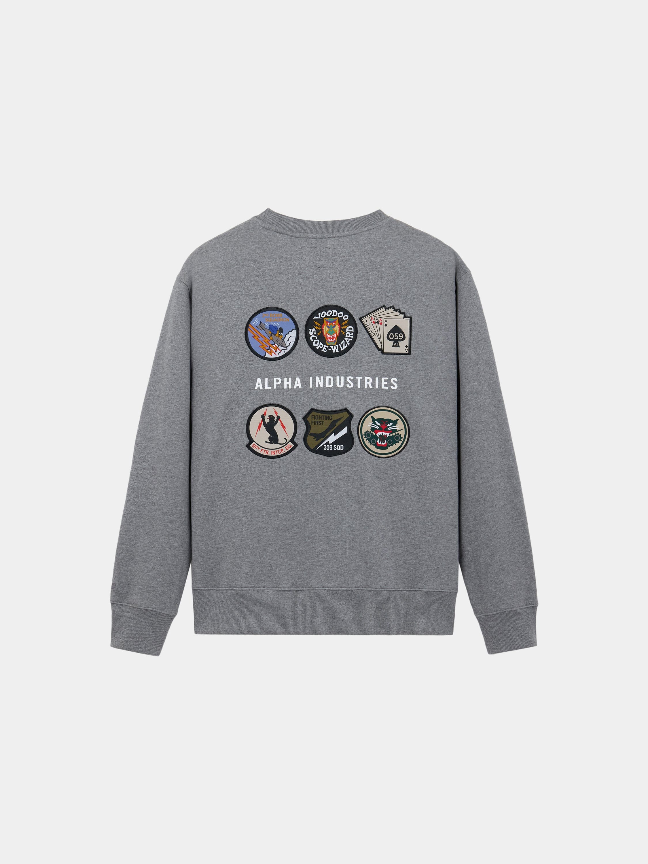 Alpha Industries Patched Crewneck in Medium Charcoal Heather, cotton-poly blend, with Alpha Industries text and seven embroidered back patches.
