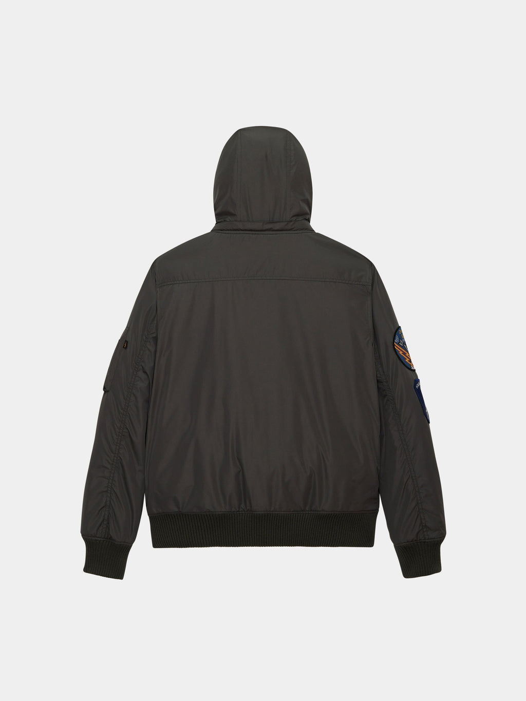Patched Hooded Rib Flight Jacket by Alpha Industries, black with ribbed cuffs, ribbed hem, and military-style patches on right sleeve.