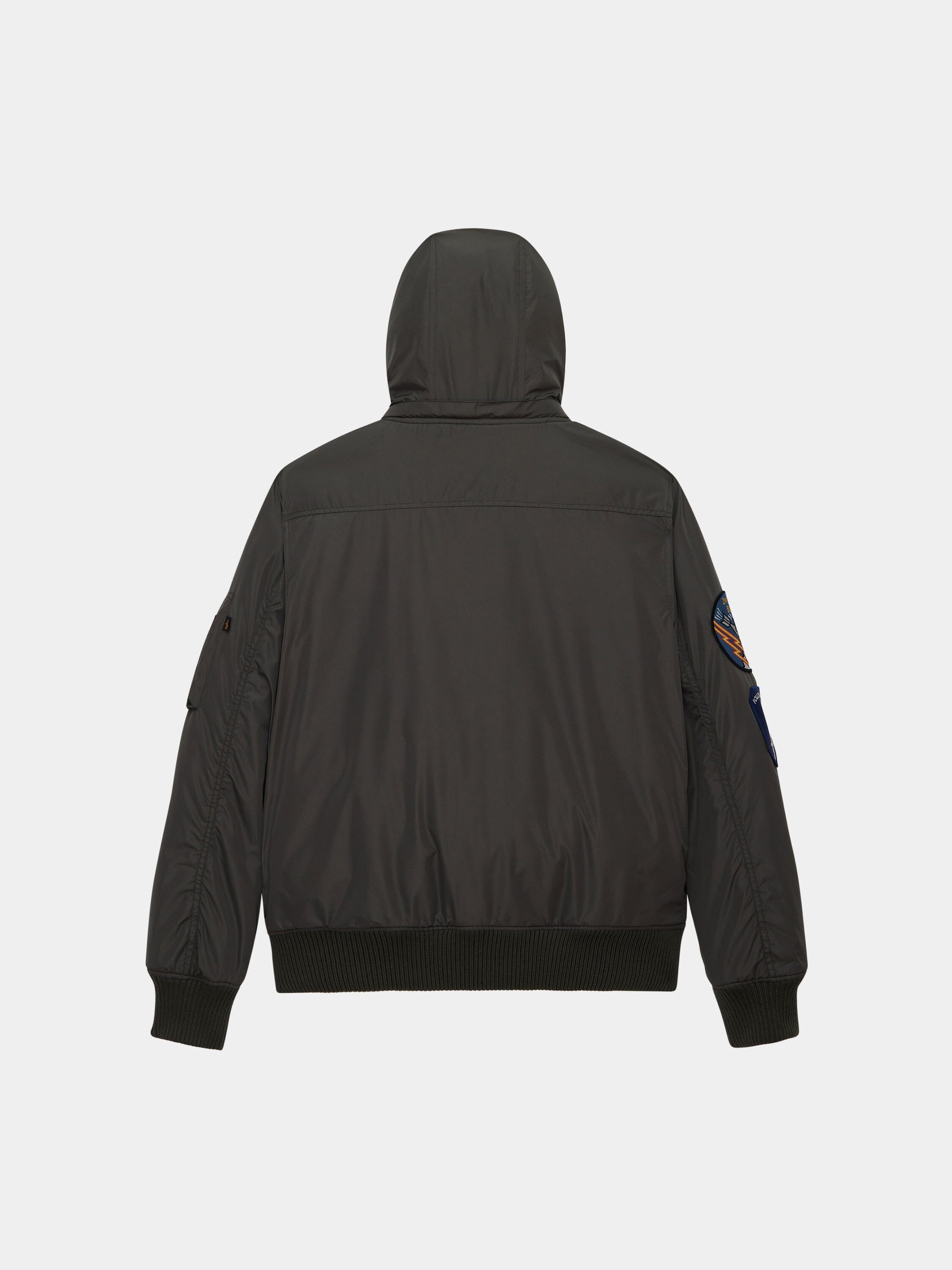 Patched Hooded Rib Flight Jacket by Alpha Industries, black with ribbed cuffs, ribbed hem, and military-style patches on right sleeve.