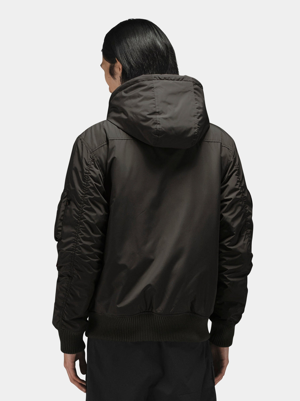 Patched Hooded Rib Flight Jacket by Alpha Industries with military-inspired patches, black, ribbed hem, zip closure.