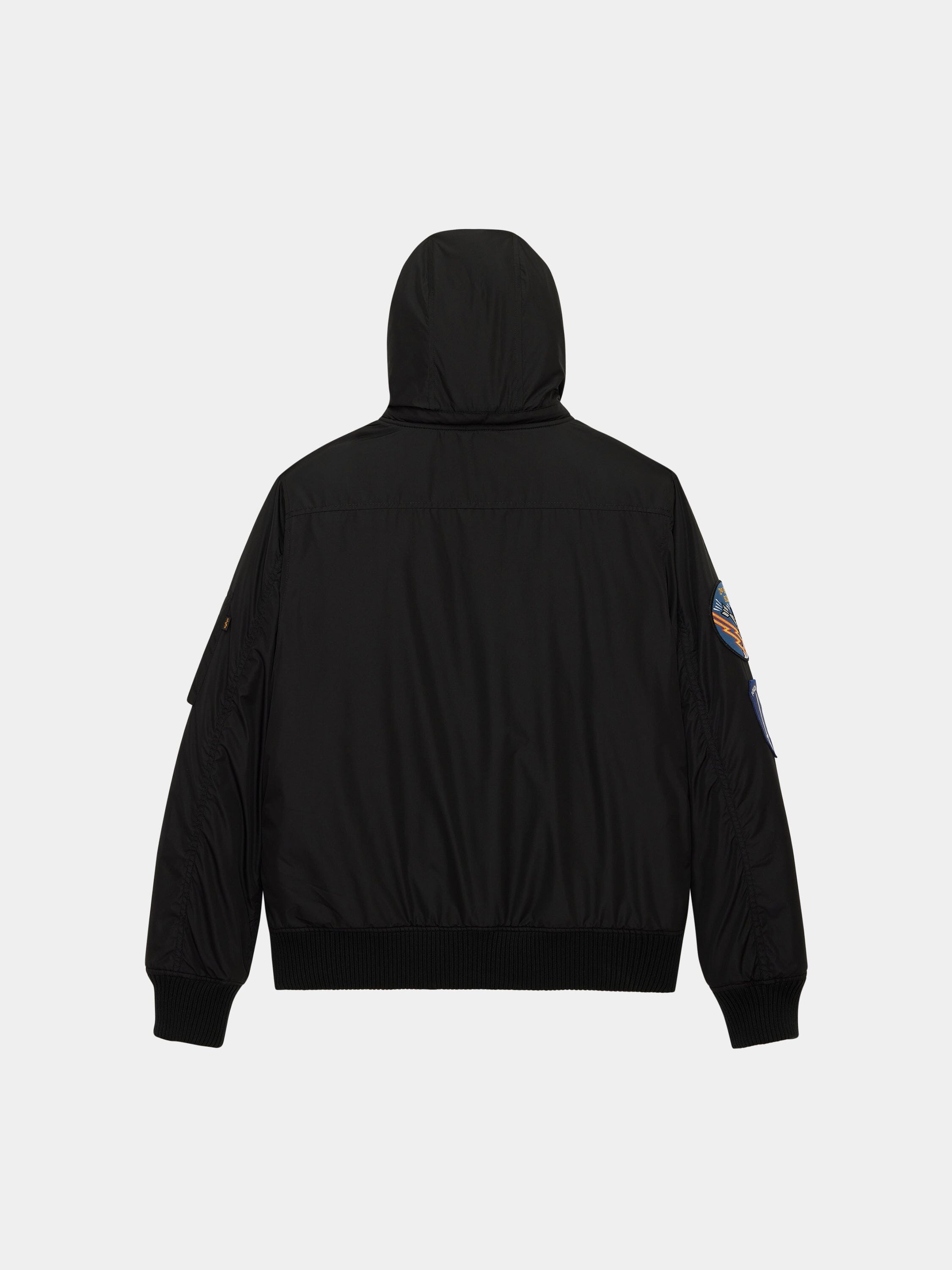 Patched Hooded Rib Flight Jacket by Alpha Industries in black with ribbed cuffs, waistband, and patch on left sleeve.