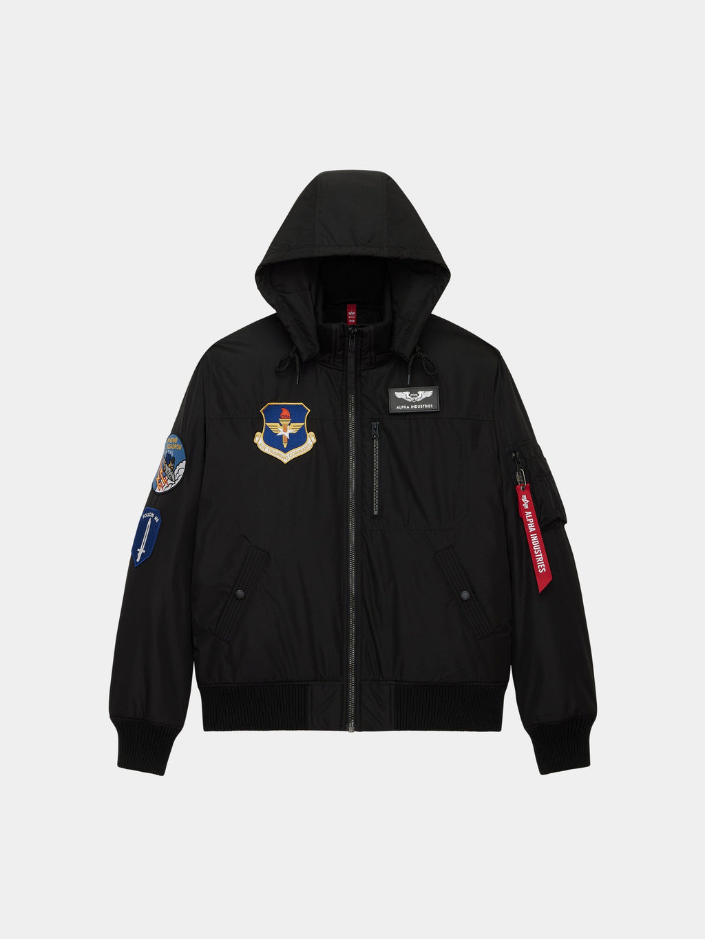 Patched Hooded Rib Flight Jacket by Alpha Industries in black with front zipper, patches, ribbed cuffs and hem, utility pocket.