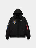 Patched Hooded Rib Flight Jacket by Alpha Industries in black with front zipper, patches, ribbed cuffs and hem, utility pocket.