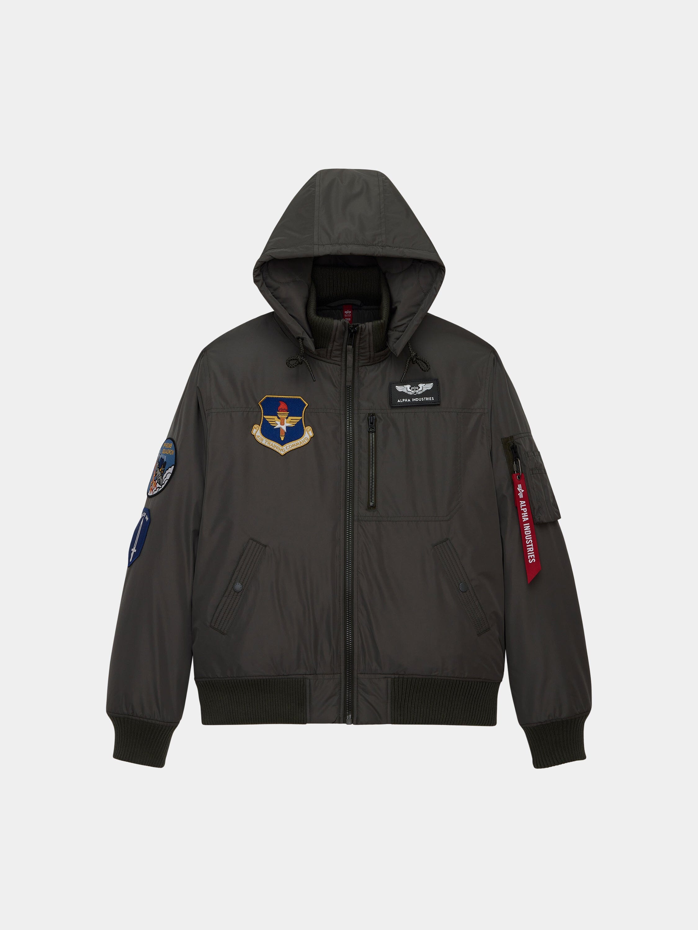 Alpha Industries Patched Hooded Rib Flight Jacket in Replica Grey with chest and sleeve patches, front pockets, utility pocket.