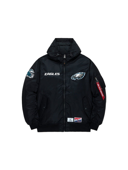 Philadelphia Eagles L-2B Bomber Jacket in Black by Alpha Industries, features team logos, EAGLES text, NFL patch, red sleeve tag.