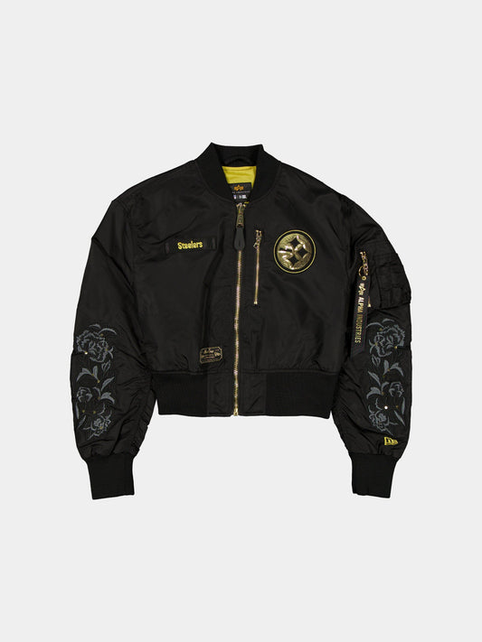 PITTSBURGH STEELERS X ALPHA X NEW ERA L-2B CROPPED BOMBER JACKET WOMENS OUTERWEAR Alpha Industries BLACK/GOLD XS 