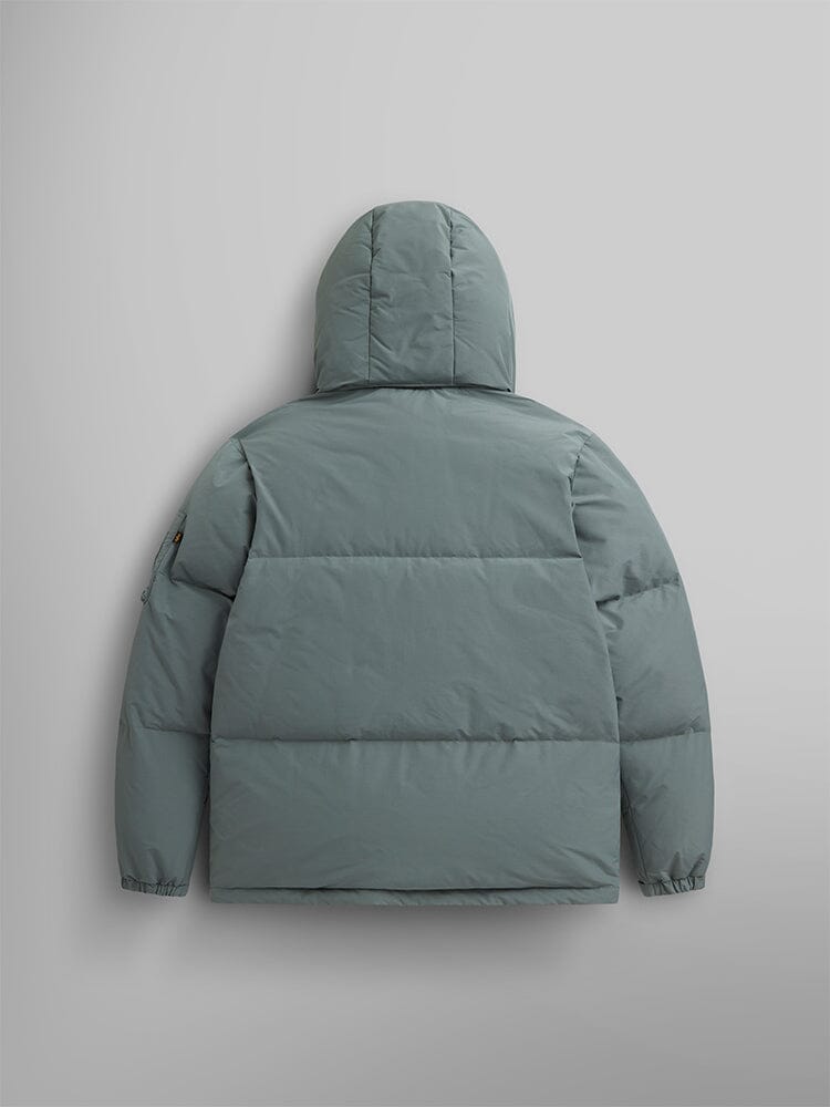 Alpha Industries Puffer Parka in sage green, water resistant with hood.