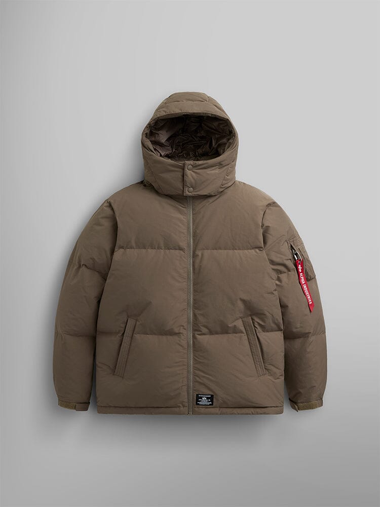 Alpha Industries Puffer Parka in Coyote Brown, water resistant hooded jacket with front zipper, two side pockets, and MA-1 red tag on left sleeve.