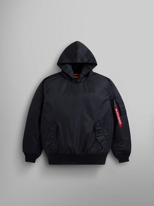 Front view of the Pull-Over MA-1 Jacket Hoodie in black by Alpha Industries.