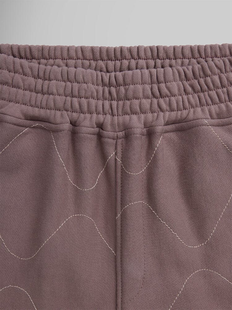 Alpha Industries Womens Quilted Shorts, mauve terry fleece, elastic waistband, decorative wavy stitching.