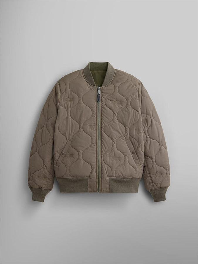 Front view of the reversible side of the Reversible Onion Quilted MA-1 Bomber Jacket in Green by Alpha Industries.