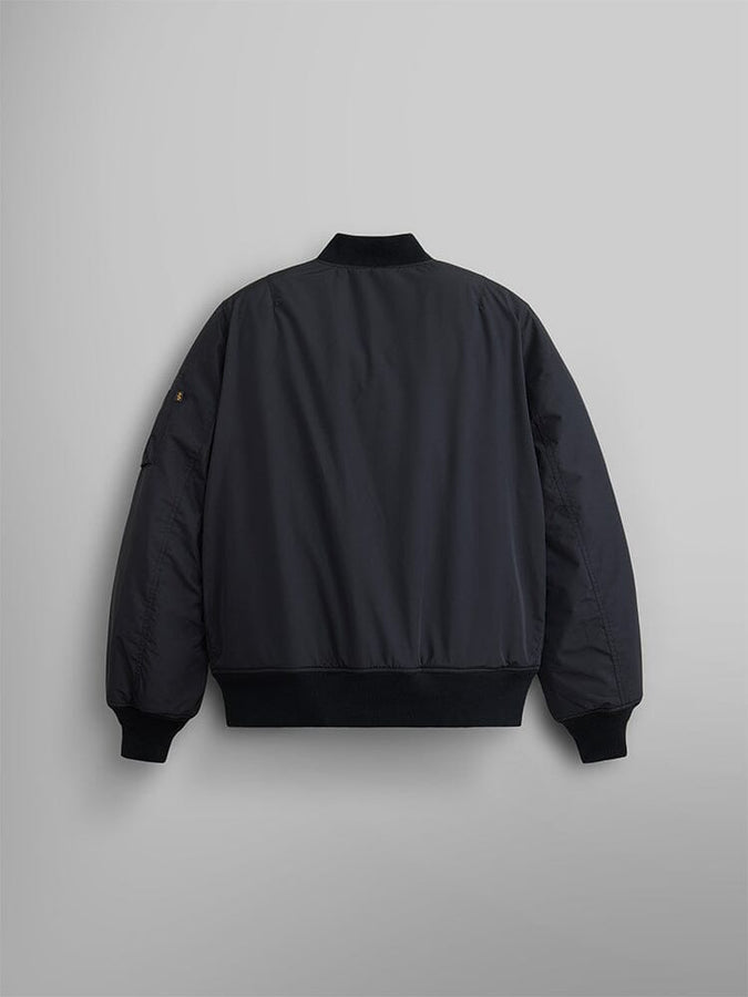 Back view of the Reversible Onion Quilted MA-1 Bomber Jacket in black by Alpha Industries.