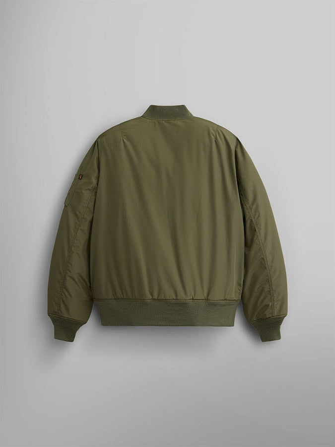 Back view of the Reversible Onion Quilted MA-1 Bomber Jacket from Alpha Industries, featuring a green color with ribbed collar, cuffs, and hem.