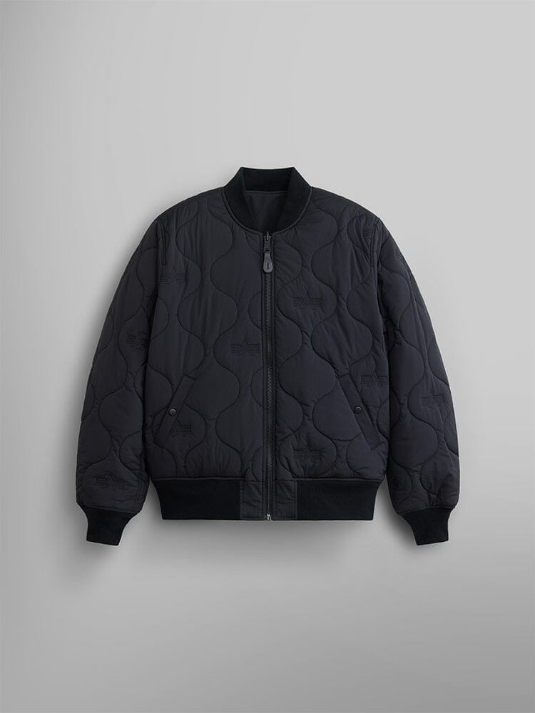 Front view of the reversible side of the Reversible Onion Quilted MA-1 Bomber Jacket in black by Alpha Industries.