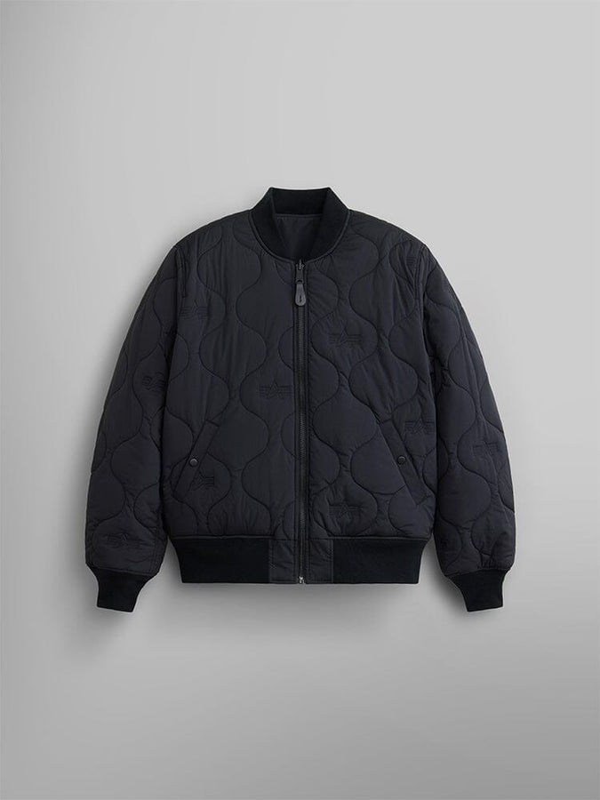 Front view of the reversible side of the Reversible Onion Quilted MA-1 Bomber Jacket in black by Alpha Industries.
