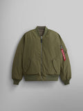 Front view of the Reversible Onion Quilted MA-1 Bomber Jacket in OG-107 green by Alpha Industries. Features a front zipper, two side pockets, and a zippered sleeve pocket with a distinctive red tag.
