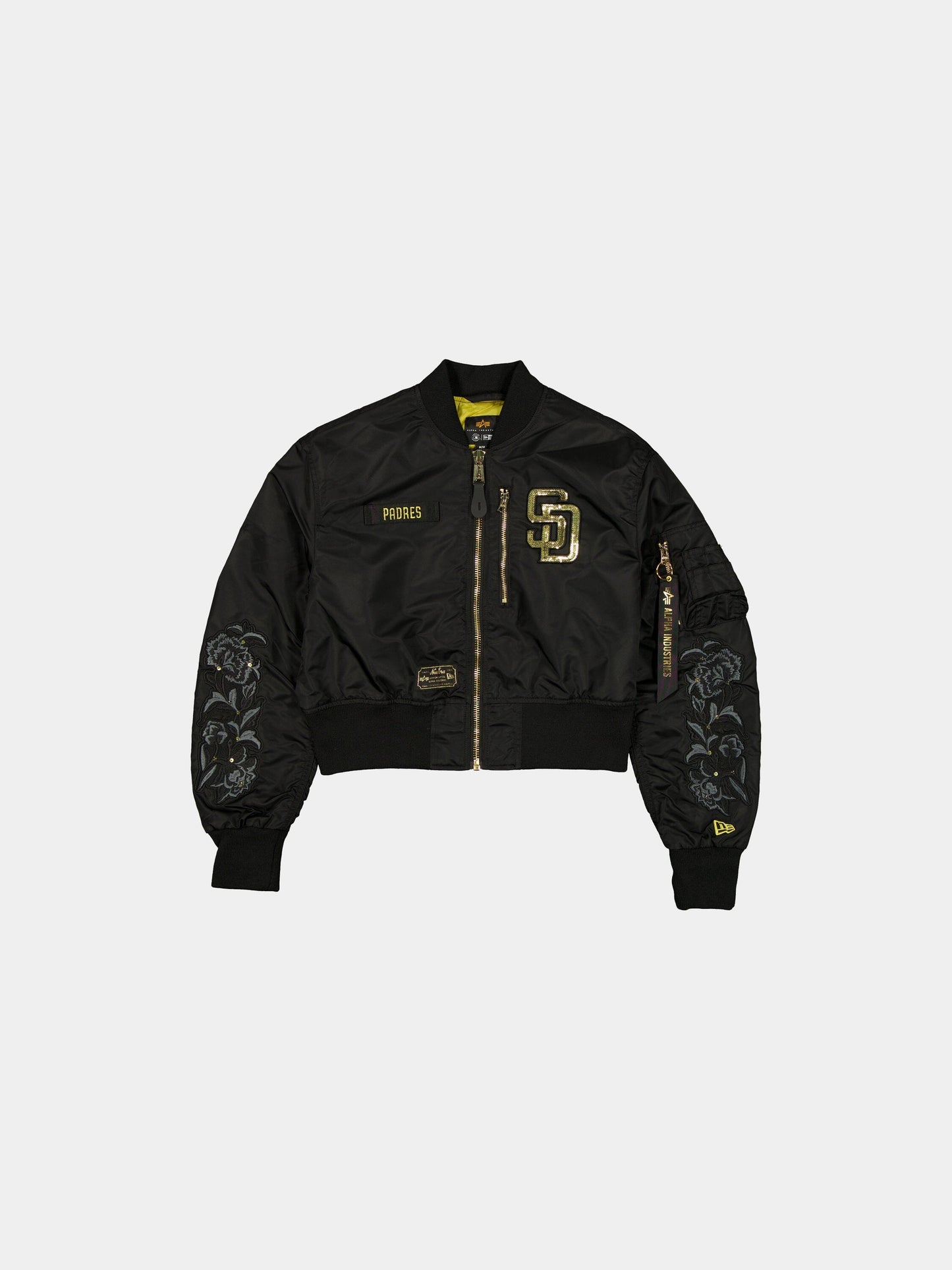 SAN DIEGO PADRES X ALPHA X NEW ERA L-2B CROPPED BOMBER JACKET WOMENS OUTERWEAR Alpha Industries BLACK/GOLD XS 
