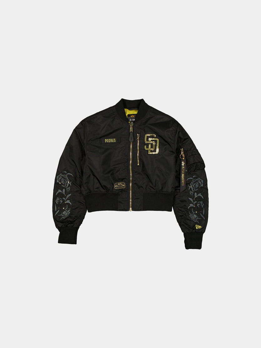 SAN DIEGO PADRES X ALPHA X NEW ERA L-2B CROPPED BOMBER JACKET WOMENS OUTERWEAR Alpha Industries BLACK/GOLD XS 