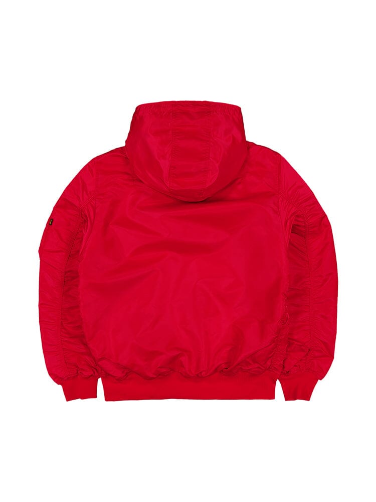 Back view of the San Francisco 49ers X Alpha X New Era L-2B Bomber Jacket, featuring red with ruched sleeves. This Alpha Industries jacket is adorned with team patches, offering a sporty flair ideal for any San Francisco 49ers fan.