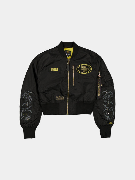 SAN FRANCISCO 49ERS X ALPHA X NEW ERA L-2B CROPPED BOMBER JACKET WOMENS OUTERWEAR Alpha Industries BLACK/GOLD XS 