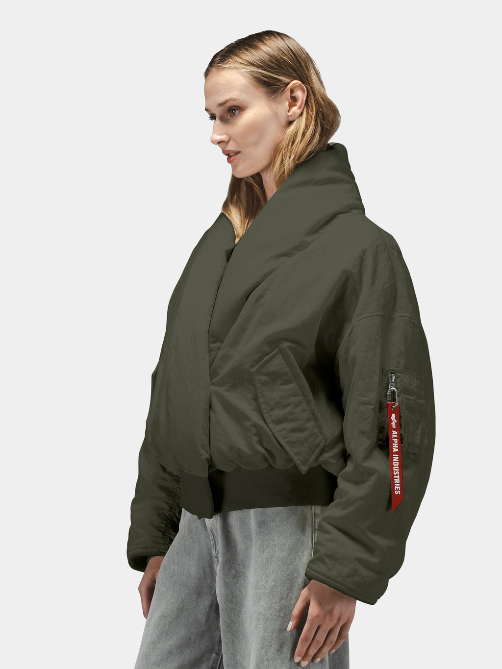 Alpha Industries Shawl Collar Flight Jacket Womens, olive green bomber with red sleeve tag.